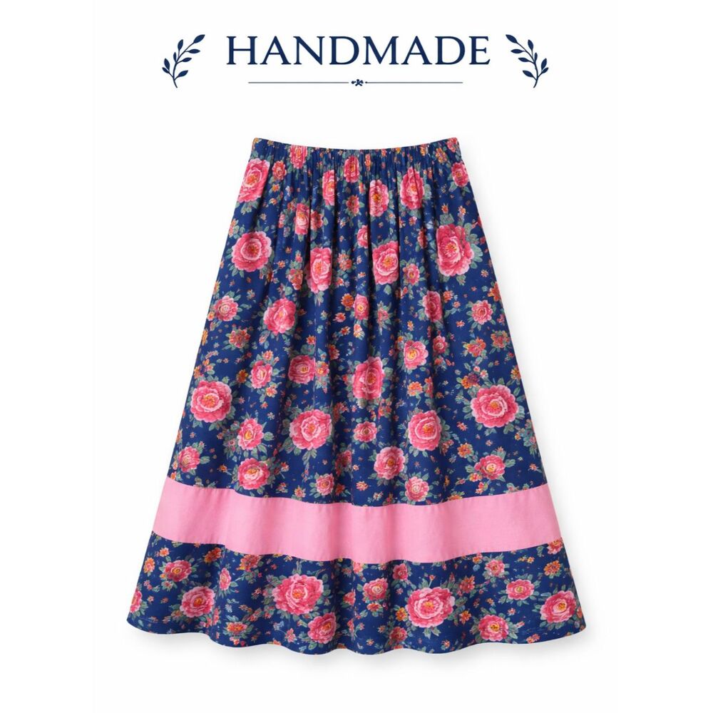 Handmade‎ Vintage Blue Floral Maxi Skirt Pink Border Cottagecore Boho Romantic